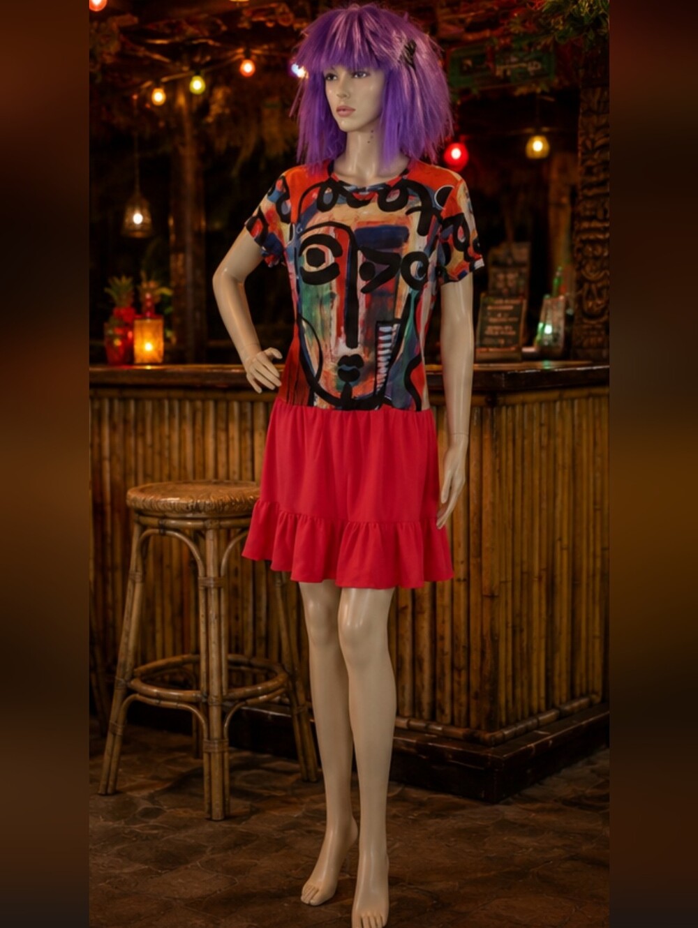 Nwot Upcycled Boho Chic Colorful Abstract Face Print Dress One Of A Kind